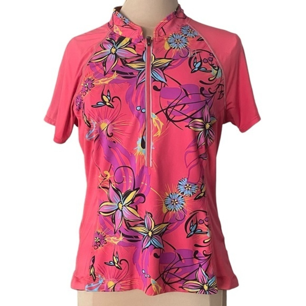 Skirt Sports | Cycling Jersey Women’s Large in salmon & pink floral. 3/4 zipper